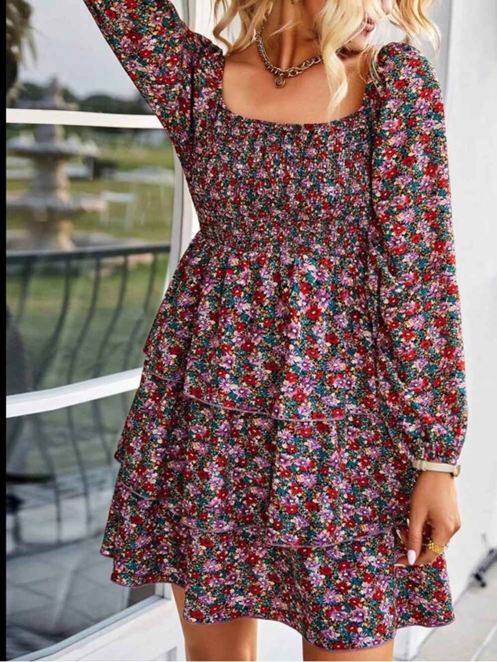 Boho,floral print square neck mini dress